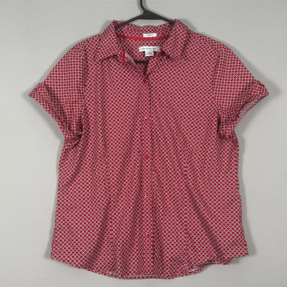 Liz Claiborne Button Down Shirt Women XL Red NWOT Geometric Stretch Short Sleeve